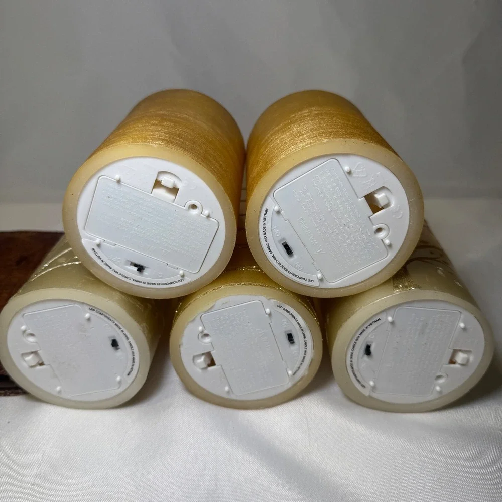 Gold Flameless LED Pillar Candle Set of 5 Glitter Tree & Textured Metallic Decor